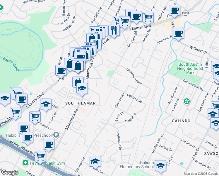 map of restaurants, bars, coffee shops, grocery stores, and more near 3100 Aldwyche Drive in Austin
