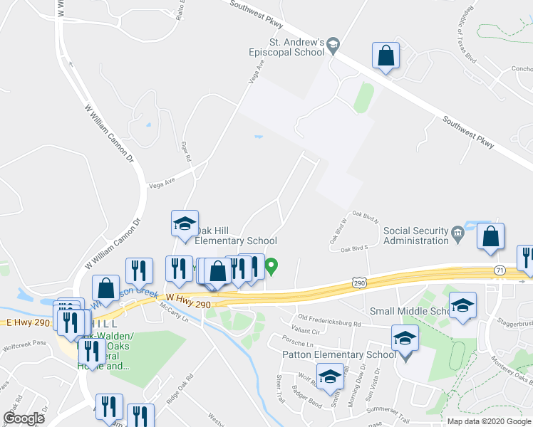 map of restaurants, bars, coffee shops, grocery stores, and more near 5911 Parkwood Drive in Austin