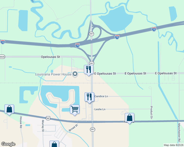 map of restaurants, bars, coffee shops, grocery stores, and more near 233 Louisiana 397 in Lake Charles