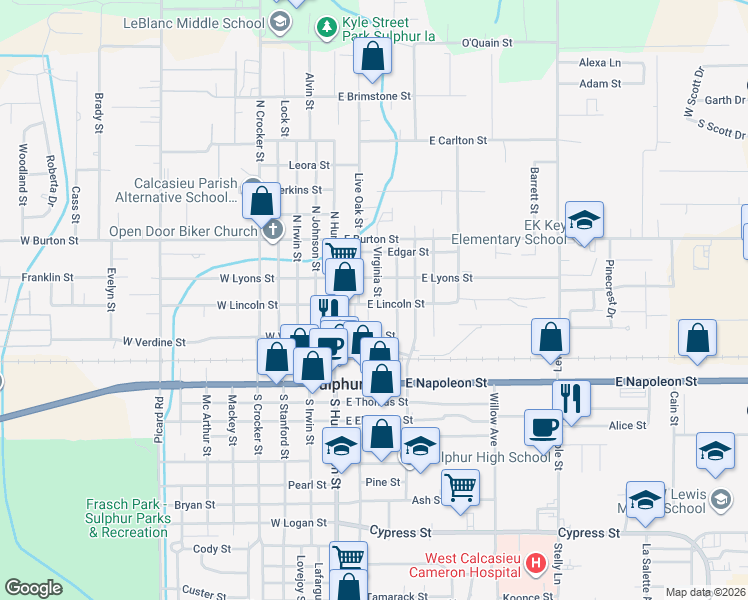 map of restaurants, bars, coffee shops, grocery stores, and more near 311 East Holbrook Circle in Sulphur