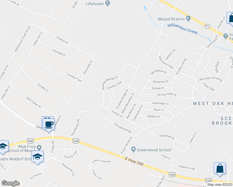 map of restaurants, bars, coffee shops, grocery stores, and more near 7615 Crackling Creek Drive in Austin