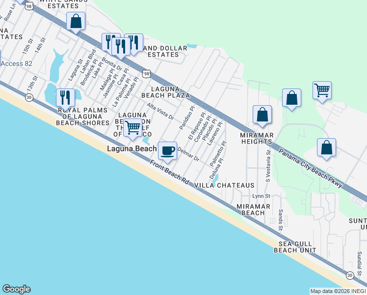 map of restaurants, bars, coffee shops, grocery stores, and more near 206 Paridiso Place in Panama City Beach