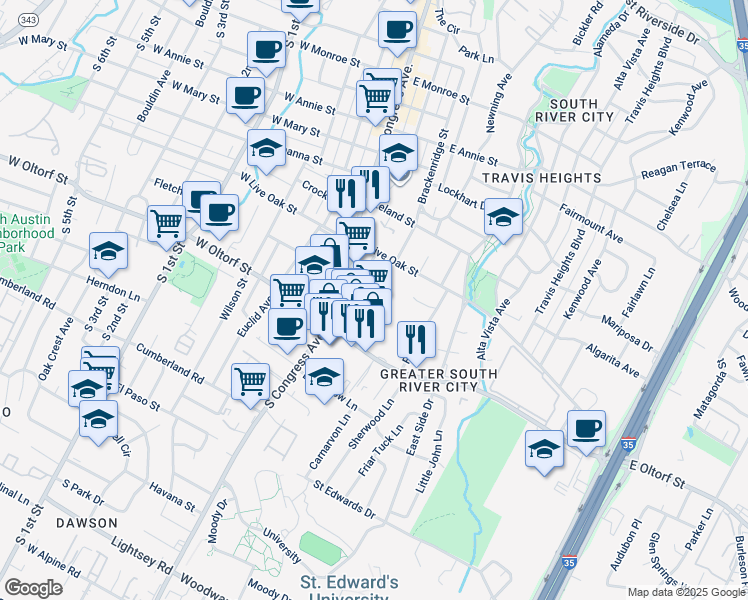 map of restaurants, bars, coffee shops, grocery stores, and more near 2215 Post Road in Austin