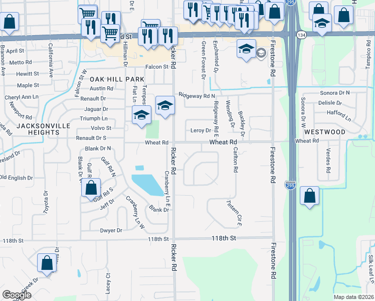 map of restaurants, bars, coffee shops, grocery stores, and more near 7572 Wheat Road in Jacksonville