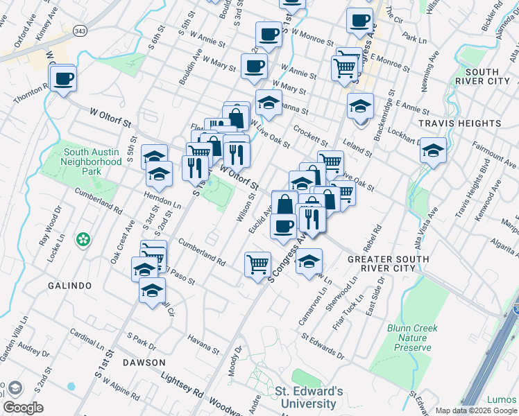 map of restaurants, bars, coffee shops, grocery stores, and more near 2407 Forest Avenue in Austin