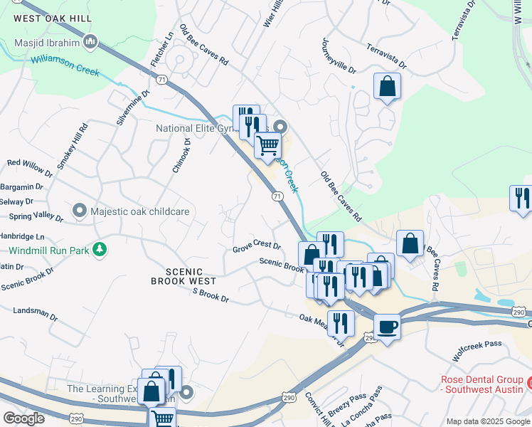 map of restaurants, bars, coffee shops, grocery stores, and more near 7506 Hill Meadow Circle in Austin