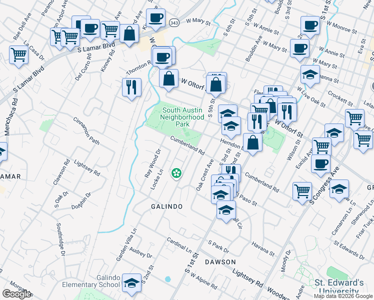 map of restaurants, bars, coffee shops, grocery stores, and more near 1001 Cumberland Road in Austin