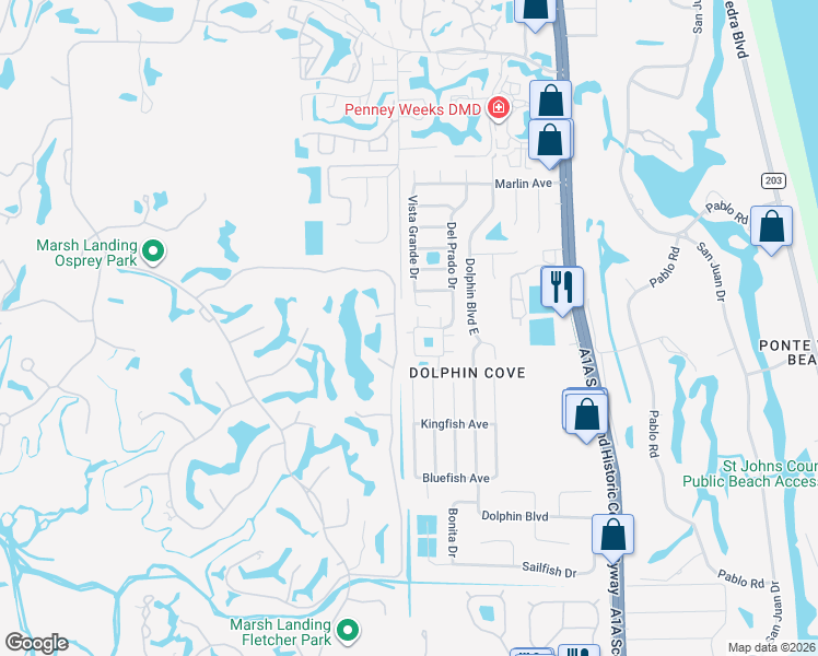 map of restaurants, bars, coffee shops, grocery stores, and more near 5 Ponte Vedra Court in Ponte Vedra Beach