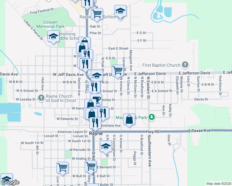 map of restaurants, bars, coffee shops, grocery stores, and more near 408 North Cunningham Street in Rayne