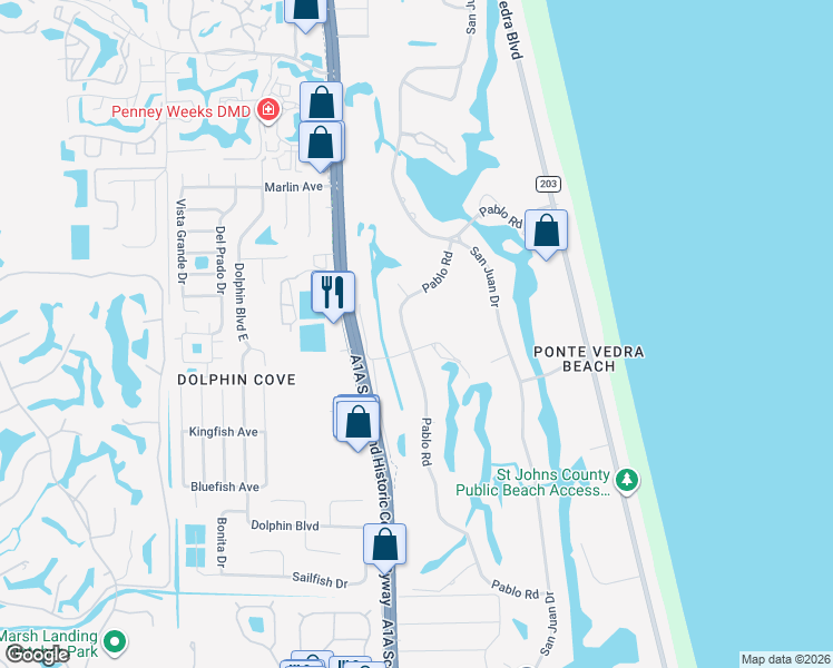 map of restaurants, bars, coffee shops, grocery stores, and more near 227 Pablo Road in Ponte Vedra Beach