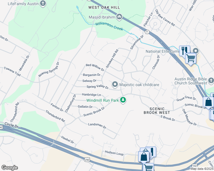 map of restaurants, bars, coffee shops, grocery stores, and more near 7213 Smokey Hill Road in Austin
