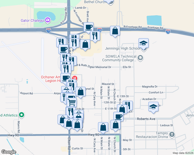 map of restaurants, bars, coffee shops, grocery stores, and more near 1810 North Cary Avenue in Jennings