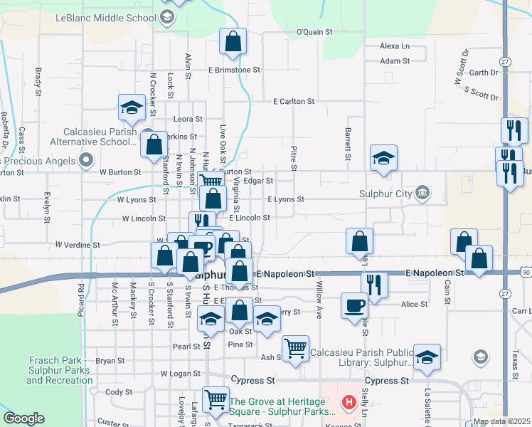 map of restaurants, bars, coffee shops, grocery stores, and more near 309 Canal Street in Sulphur
