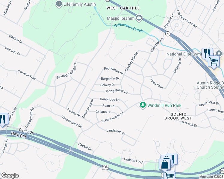 map of restaurants, bars, coffee shops, grocery stores, and more near 8400 Spring Valley Drive in Austin