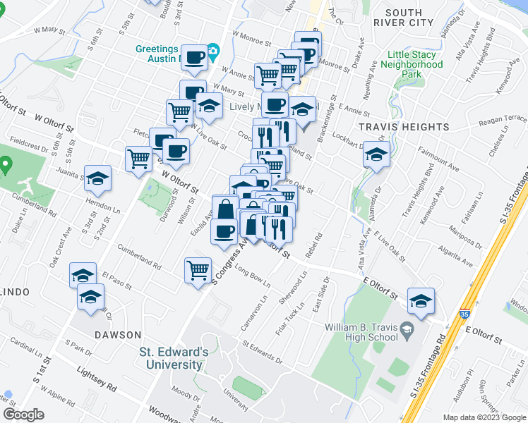 map of restaurants, bars, coffee shops, grocery stores, and more near S Congress Ave & Post Rd in Austin