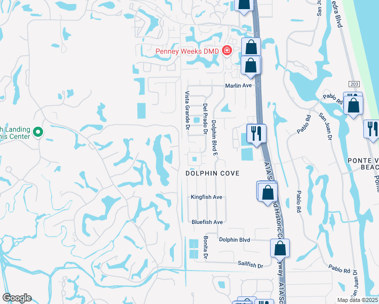map of restaurants, bars, coffee shops, grocery stores, and more near 3 Ponte Vedra Court in Ponte Vedra Beach