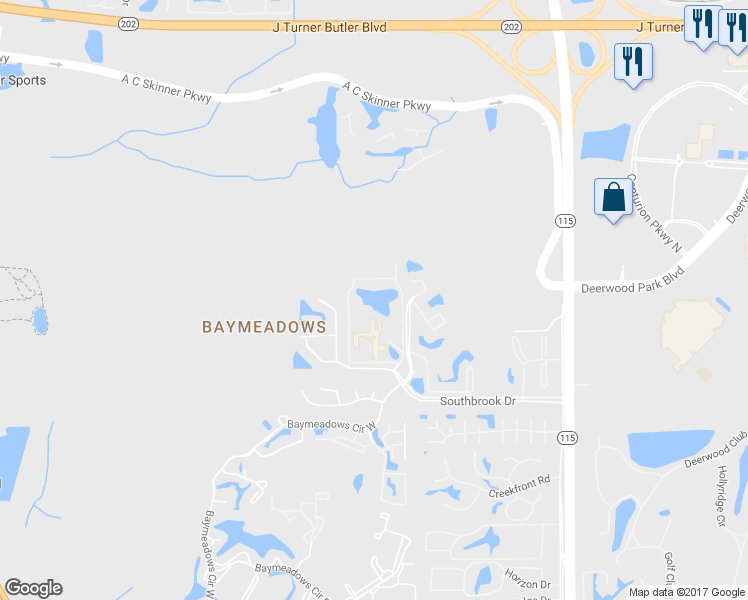 map of restaurants, bars, coffee shops, grocery stores, and more near 9601 Southbrook Drive in Jacksonville