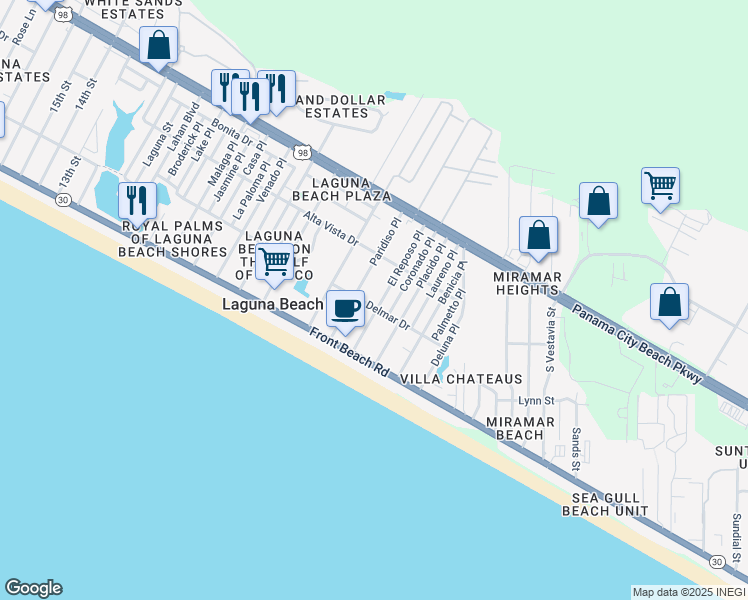 map of restaurants, bars, coffee shops, grocery stores, and more near 206 Paridiso Place in Panama City Beach