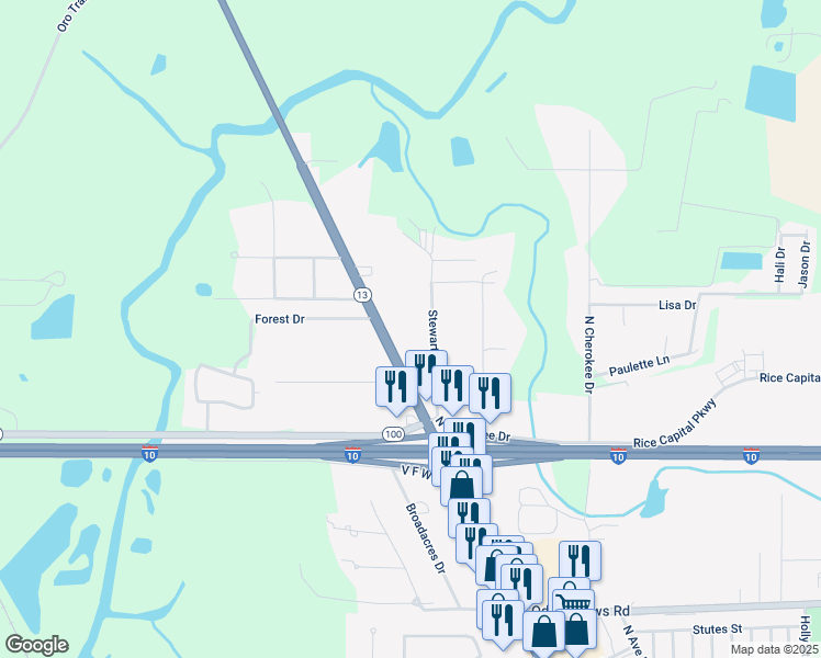 map of restaurants, bars, coffee shops, grocery stores, and more near 233 Stewartville Road in Crowley
