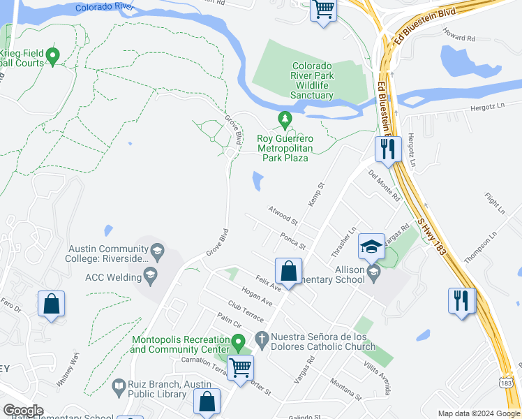 map of restaurants, bars, coffee shops, grocery stores, and more near 6019 Atwood Street in Austin