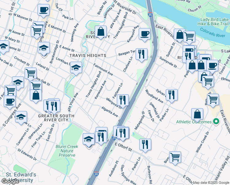 map of restaurants, bars, coffee shops, grocery stores, and more near 1903 Fairlawn Lane in Austin