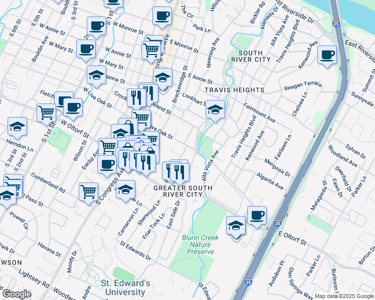 map of restaurants, bars, coffee shops, grocery stores, and more near 513 East Live Oak Street in Austin
