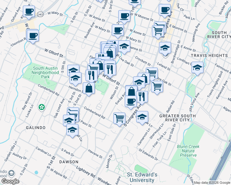 map of restaurants, bars, coffee shops, grocery stores, and more near 2414 Wilson Street in Austin