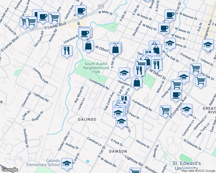 map of restaurants, bars, coffee shops, grocery stores, and more near 2609 South 5th Street in Austin