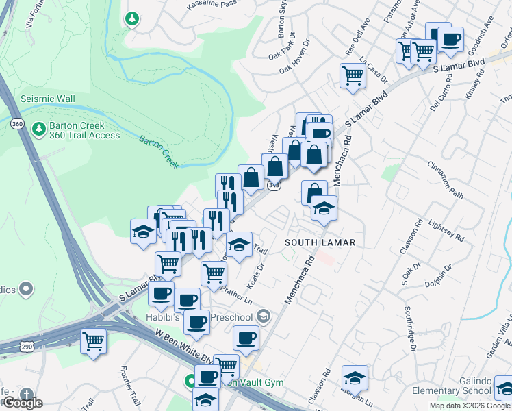 map of restaurants, bars, coffee shops, grocery stores, and more near 3500 South Lamar Boulevard in Austin