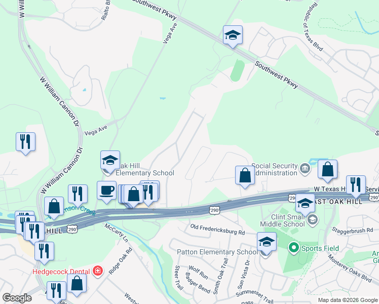 map of restaurants, bars, coffee shops, grocery stores, and more near 5910 Oakclaire Drive in Austin