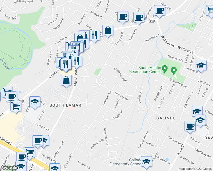 map of restaurants, bars, coffee shops, grocery stores, and more near 1706 Lightsey Road in Austin
