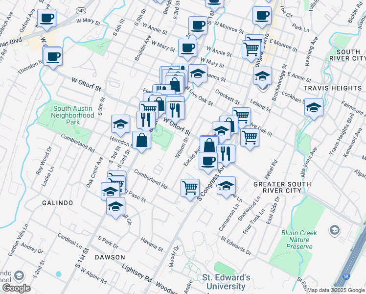 map of restaurants, bars, coffee shops, grocery stores, and more near 2414 Wilson Street in Austin