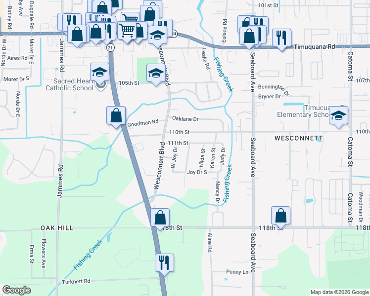 map of restaurants, bars, coffee shops, grocery stores, and more near 5928 111th Street in Jacksonville