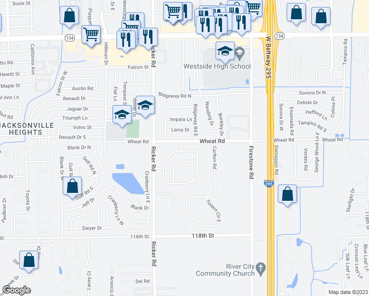 map of restaurants, bars, coffee shops, grocery stores, and more near 7437 Deepwood Drive North in Jacksonville