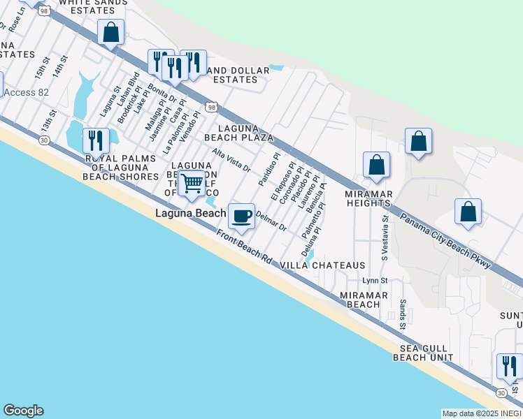 map of restaurants, bars, coffee shops, grocery stores, and more near 206 Paridiso Place in Panama City Beach