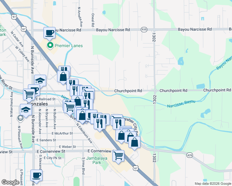 map of restaurants, bars, coffee shops, grocery stores, and more near 41389 J D Henry Lane in Gonzales