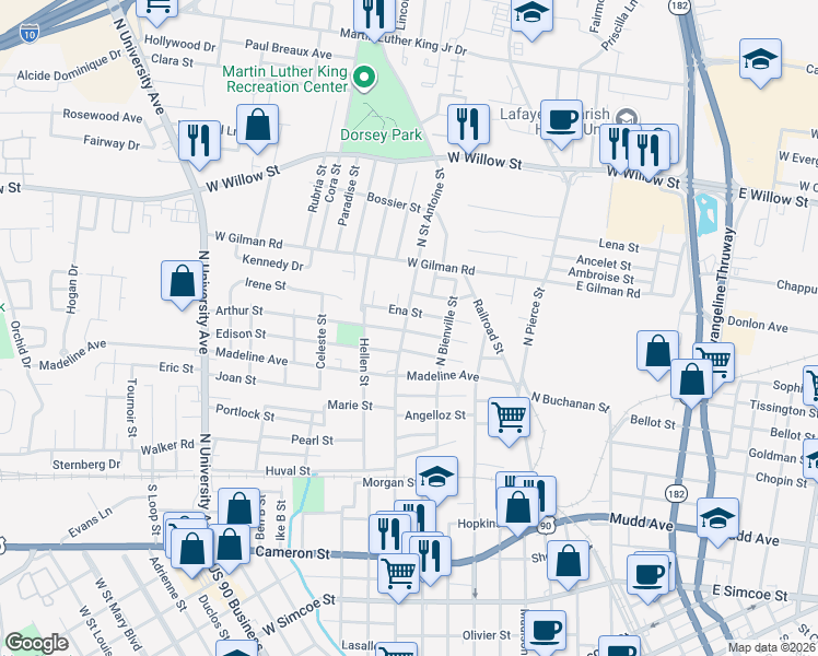 map of restaurants, bars, coffee shops, grocery stores, and more near 402A Arthur Street in Lafayette