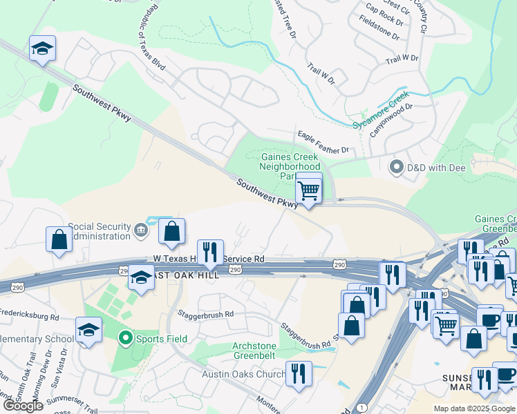 map of restaurants, bars, coffee shops, grocery stores, and more near 4801 Southwest Parkway in Austin