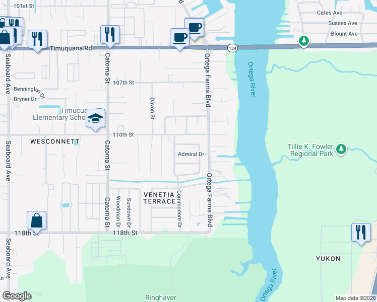 map of restaurants, bars, coffee shops, grocery stores, and more near 5151 Admiral Drive in Jacksonville