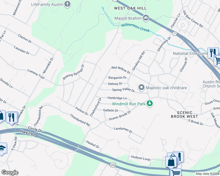 map of restaurants, bars, coffee shops, grocery stores, and more near 8414 Spring Valley Drive in Austin