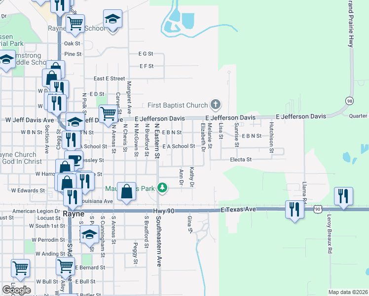 map of restaurants, bars, coffee shops, grocery stores, and more near 1102 E A School St in Rayne