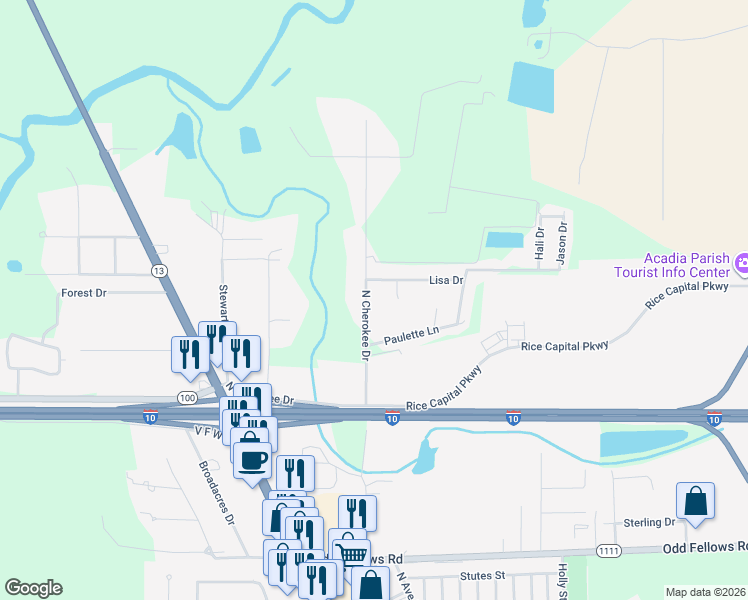 map of restaurants, bars, coffee shops, grocery stores, and more near 2448 North Cherokee Drive in Crowley