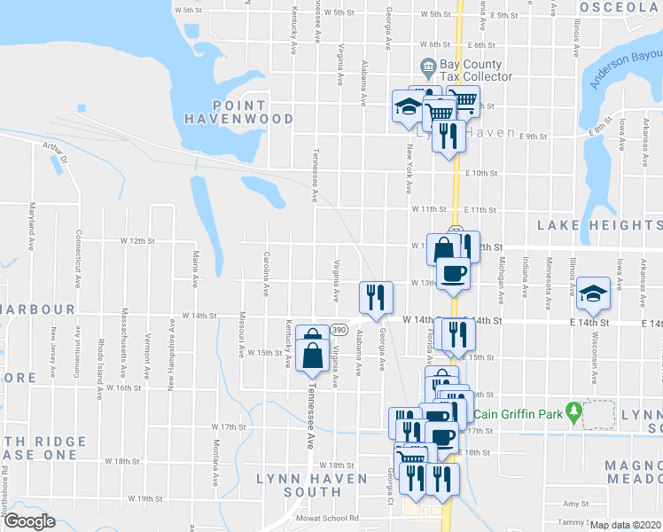 map of restaurants, bars, coffee shops, grocery stores, and more near 1214 Virginia Avenue in Lynn Haven