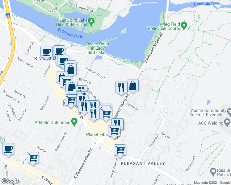 map of restaurants, bars, coffee shops, grocery stores, and more near 2510 Elmont Drive in Austin