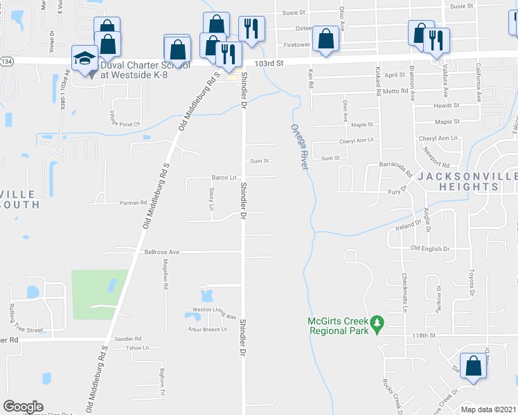 map of restaurants, bars, coffee shops, grocery stores, and more near 8735 Trilby Avenue in Jacksonville