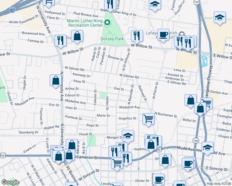 map of restaurants, bars, coffee shops, grocery stores, and more near 402A Arthur Street in Lafayette
