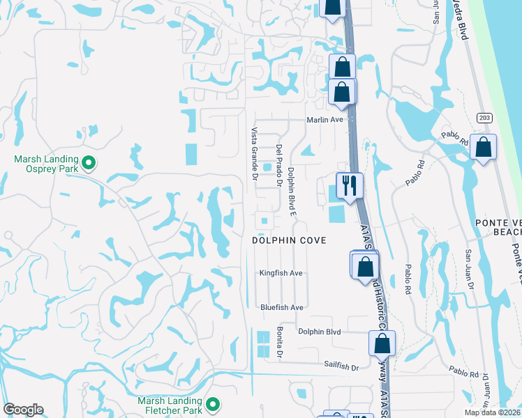 map of restaurants, bars, coffee shops, grocery stores, and more near 3 Ponte Vedra Court in Ponte Vedra Beach