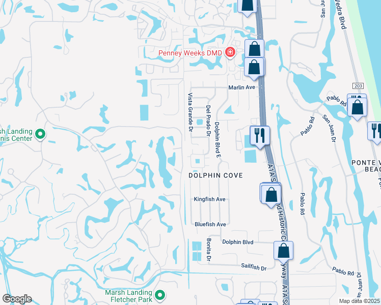 map of restaurants, bars, coffee shops, grocery stores, and more near 3 Ponte Vedra Court in Ponte Vedra Beach