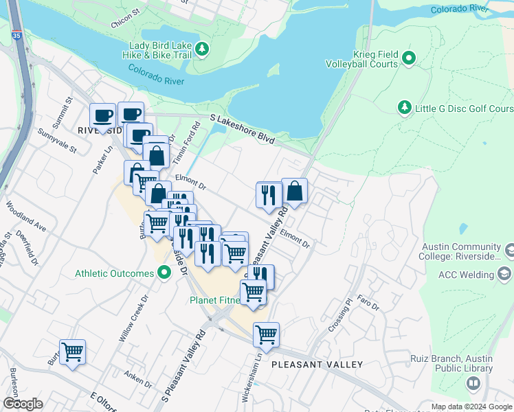 map of restaurants, bars, coffee shops, grocery stores, and more near 2510 Elmont Drive in Austin