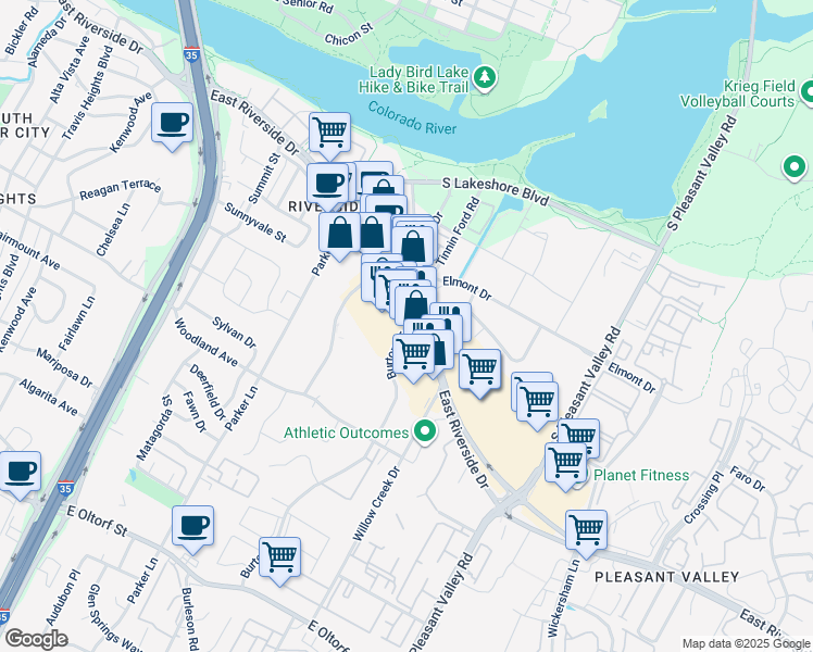 map of restaurants, bars, coffee shops, grocery stores, and more near 2120 East Riverside Drive in Austin